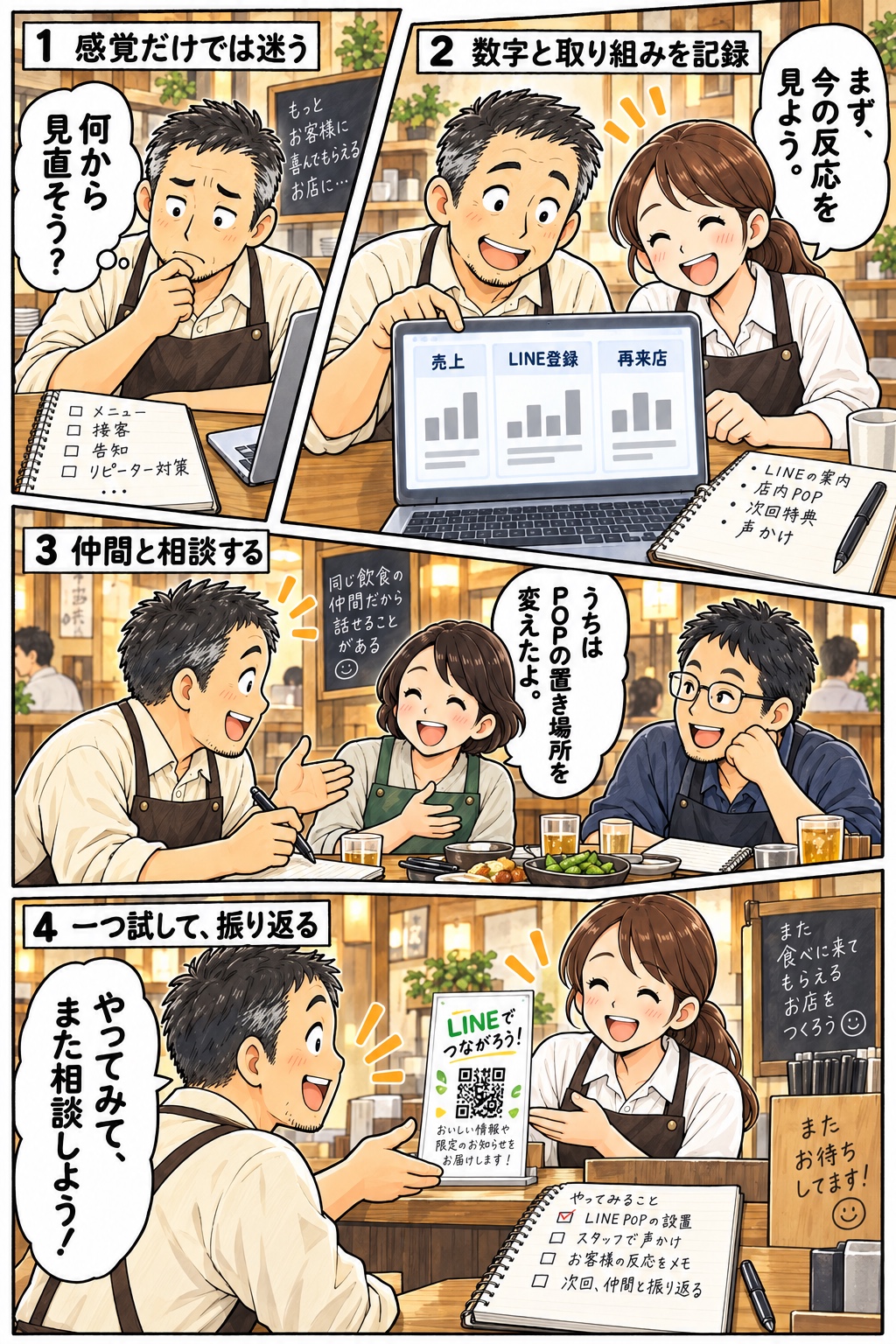 店主が数字を記録して仲間に相談し、POPの置き場所を試す架空の4コマ