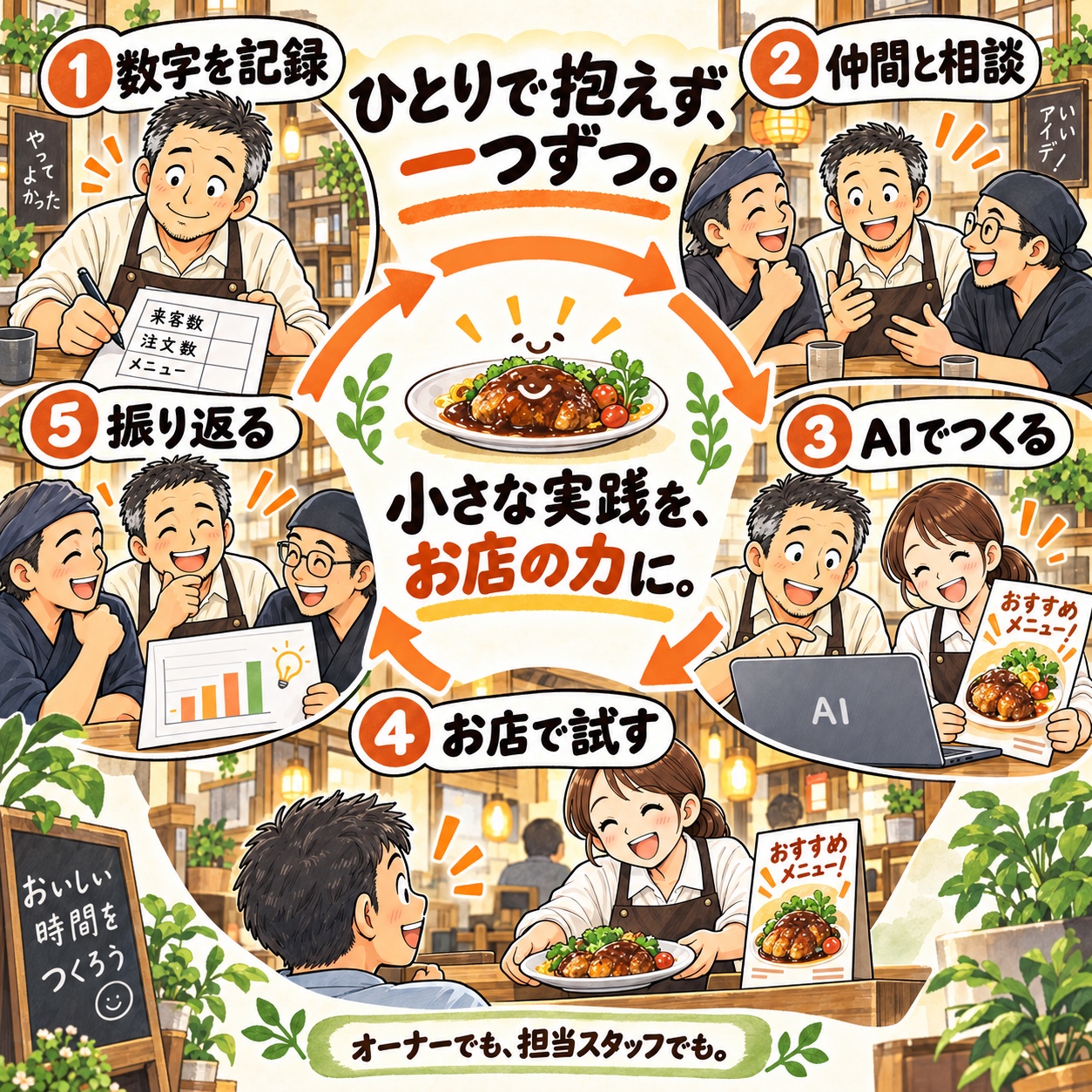 数字を記録、仲間と相談、AIでつくる、お店で試す、振り返る。店主やスタッフと仲間が小さな実践を続けるサイクルの図解