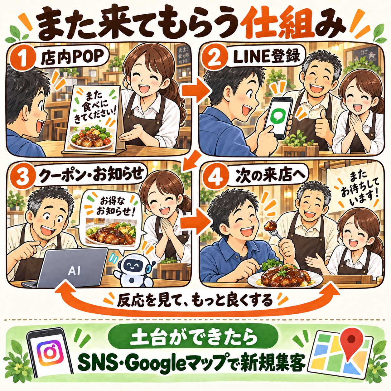 店内POPからLINE登録、クーポン・お知らせ、次の来店へ。反応を見て改善し、その土台の上に新規集客を重ねる図解