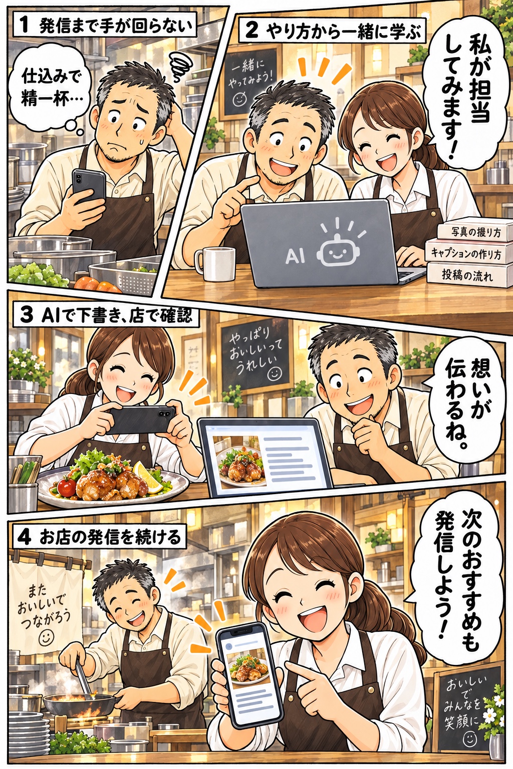スタッフがAIの使い方を学び、料理の写真と投稿文を作って発信する架空の4コマ