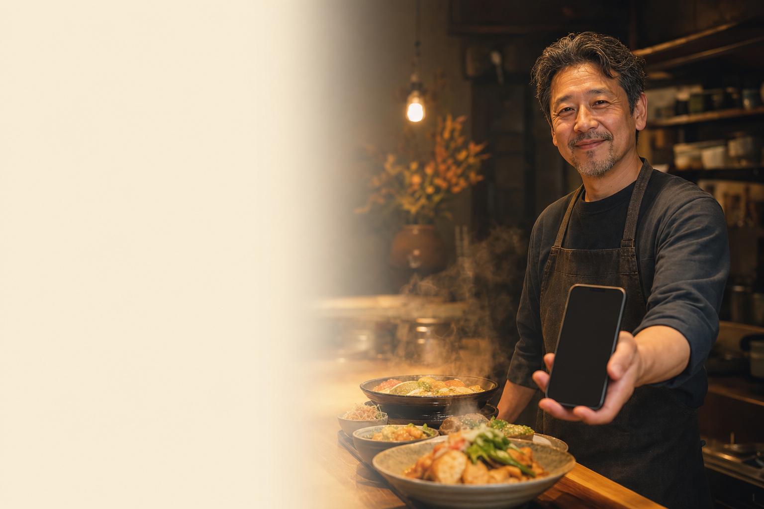 温かな飲食店でスマートフォンを手にする店主