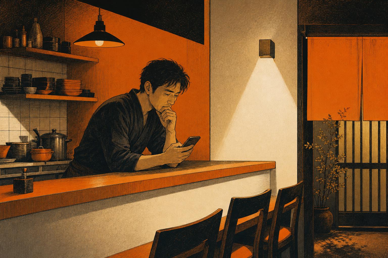 閉店後にスマートフォンを見る飲食店主