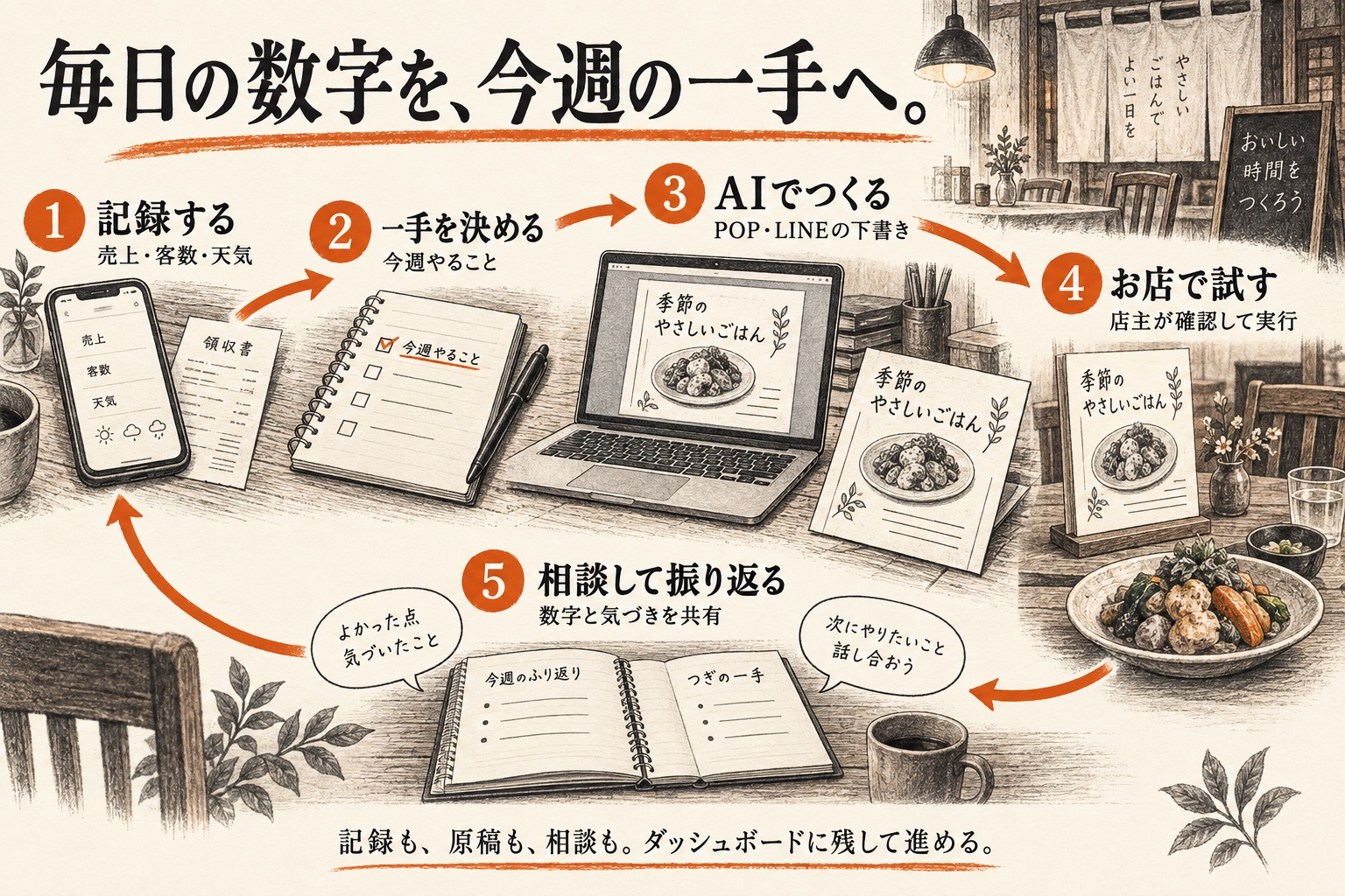 売上・客数・天気を記録し、今週の一手を決め、AIでつくり、お店で試して相談する流れ