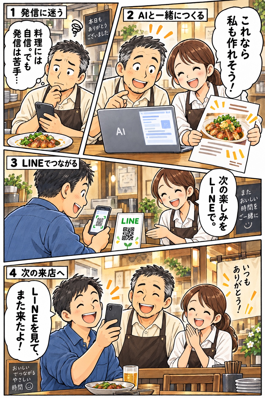 発信に悩む店主がスタッフとAIでPOPをつくり、来店客がLINE登録し、次の来店につながる未来を描いた4コマ漫画